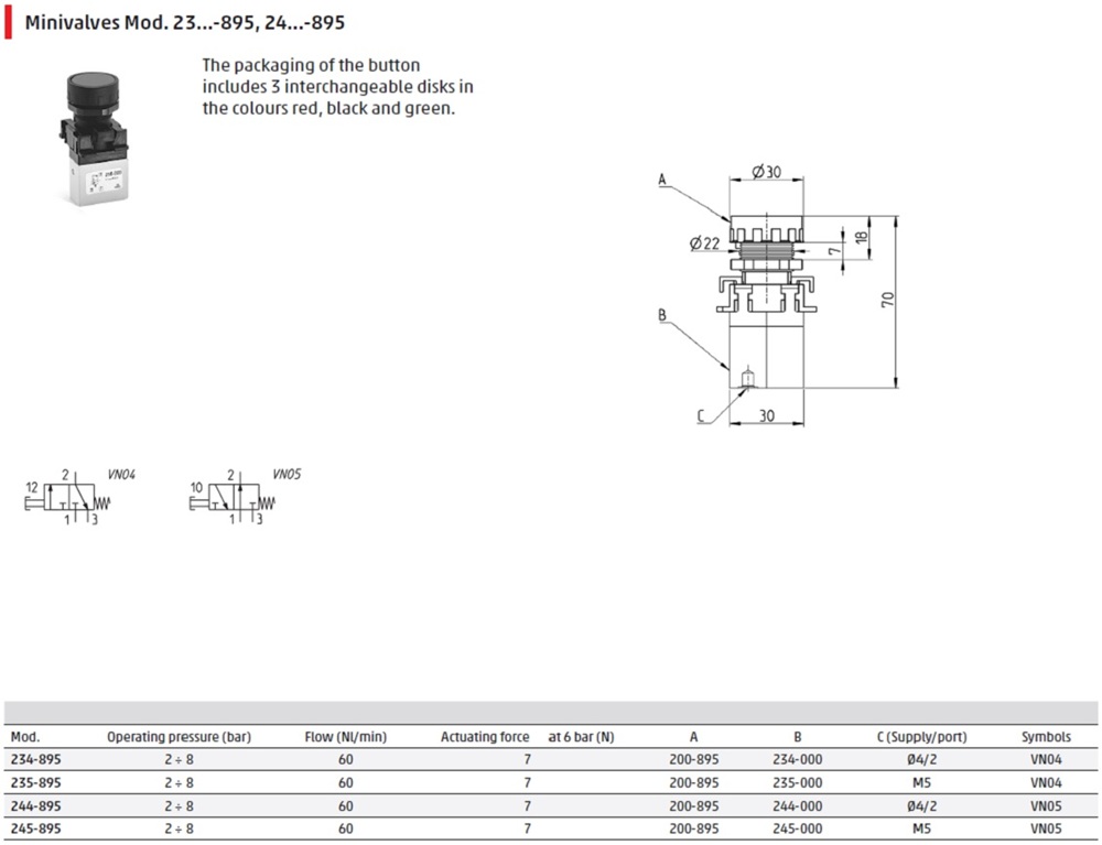 Manually operated mini valve-3/2 NC-4mm Push Button